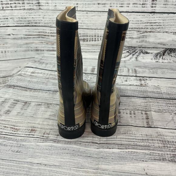 Sporto AMY Rubber Rain Duck Boots size 6 Black Tan Blue Plaid Calf Any Weather - Picture 7 of 11